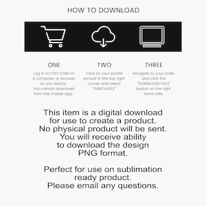 May include: A white graphic with instructions on how to download a digital product from Etsy. The image includes icons of a shopping cart, cloud, and computer screen, with numbered steps and text explaining the download process.