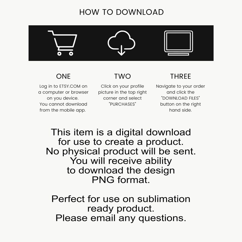 May include: A white graphic with instructions on how to download a digital product from Etsy. The image includes icons of a shopping cart, cloud, and computer screen, with numbered steps and text explaining the download process.