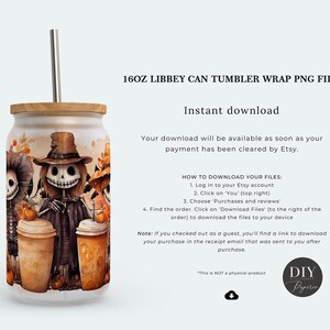 May include: A 16oz Libbey can tumbler with a wooden lid and metal straw, featuring a wrap design of skeleton figures in hats holding coffee cups. Text includes: 16OZ LIBBEY CAN TUMBLER WRAP PNG FILE, Instant download, and instructions for downloading files.