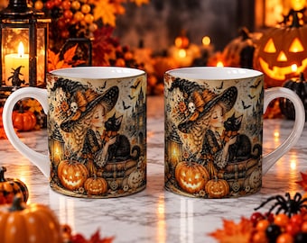 Halloween Witch Mug Wrap PNG, Black Cat Sublimation Design, 11oz 15oz Mug Wrap, Spooky Witch PNG, Halloween Digital Download