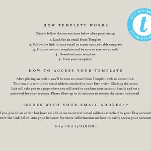 Puede incluir: Un gr&aacute;fico informativo gris claro con texto negro que explica c&oacute;mo usar una plantilla digital Templett. Incluye pasos para acceder, personalizar, descargar e imprimir, adem&aacute;s de consejos de soluci&oacute;n de problemas y un enlace bit.ly.