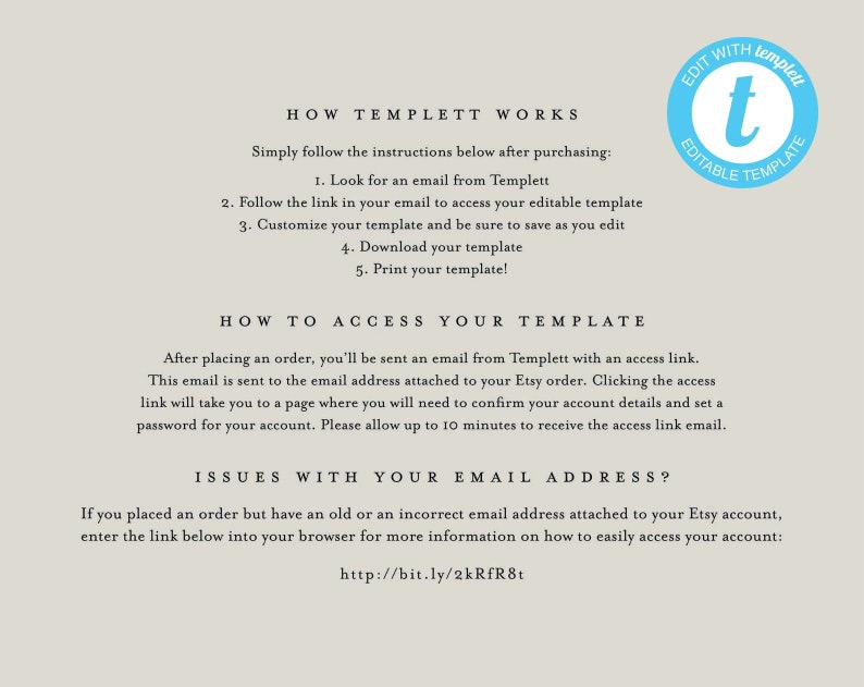 Puede incluir: Un gr&aacute;fico informativo gris claro con texto negro que explica c&oacute;mo usar una plantilla digital Templett. Incluye pasos para acceder, personalizar, descargar e imprimir, adem&aacute;s de consejos de soluci&oacute;n de problemas y un enlace bit.ly.