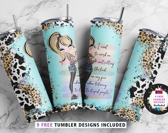 May include: Four stainless steel tumblers with lids and straws. The tumblers feature a design with a cartoon girl, text, and a leopard print pattern. The text reads "I need to work on controlling the look on my face when listening to stupid people."