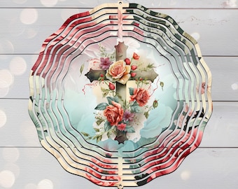 Floral Cross Wind Spinner Design, Vintage Flowers Wind Spinner PNG, 10in Wind Spinner Png, Digital Download  #WSP