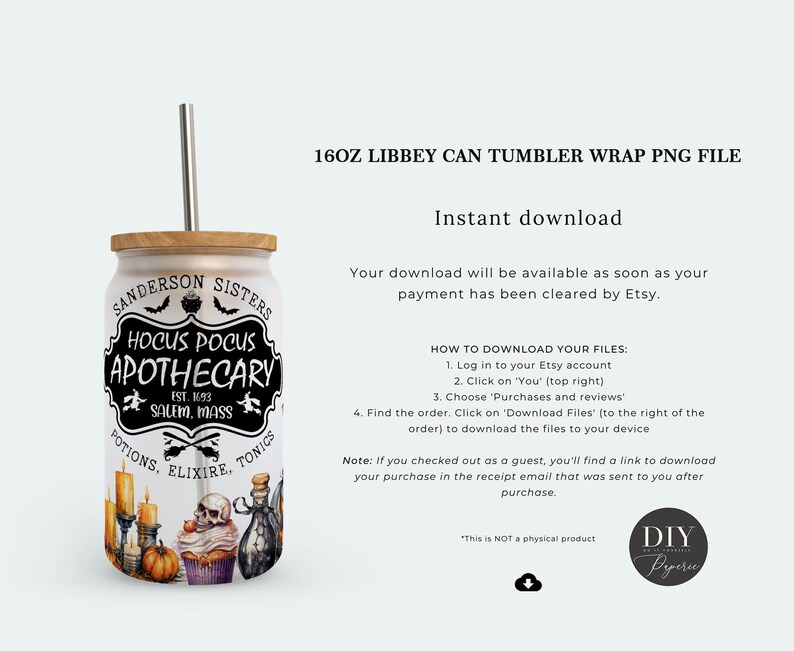 May include: A 16oz Libbey can tumbler with a bamboo lid and metal straw, featuring a Hocus Pocus Apothecary graphic with a skull, candles, and pumpkin. The design includes text reading Sanderson Sisters, Est. 1693, Salem, Mass, Potions, Elixire, Tonics.
