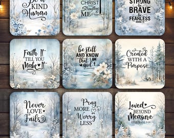 Winter Christian Coasters Set, Blue Christmas Bible Verse PNG, Cozy Winter Scene, Instant Download