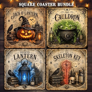 May include: A square coaster bundle featuring four distinct designs with vintage-style illustrations. The prints include a jack-o'-lantern, a bubbling cauldron, a haunted lantern, and a skeleton key, all decorated with gothic motifs and text.