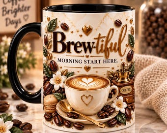 Brew-tiful Mornings Mug Wrap PNG, Coffee Lovers Sublimation Design, 11oz 15oz Mug Templates, Coffee Gift (Digital Download)