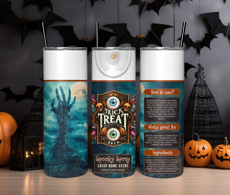 May include: A stainless steel tumbler with a spooky Halloween design. The tumbler features a blue and white illustration of a zombie hand reaching out of a grave. The text "Trick Treat Brew" is printed on the tumbler in a vintage style font. The tumbler is also labelled "Spooky Spray Crisp Bone Scent Fresh Flash Flavor".