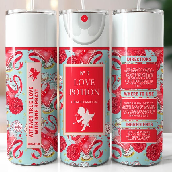 Valentine's Tumbler Wrap, 20oz Love Potion Spray Bottle Sublimation Wrap, Seamless Pink Heart Valentine Tumbler Png, Digital Download #STD
