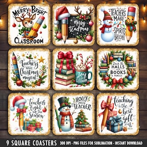 Zestaw świątecznych podstawek dla nauczycieli w formacie PNG, kwadratowe wzory sublimacyjne, pobieranie cyfrowe