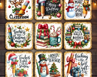 Christmas Teacher Coaster PNG Bundle, Square Sublimation Designs, Digital Download