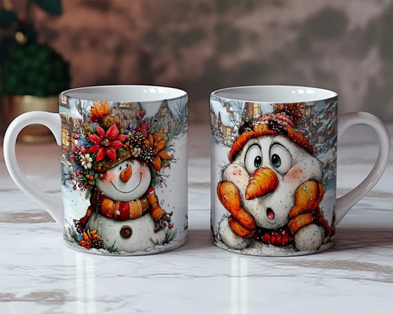 Christmas Snowman Mug Sublimation Design, Cute Snowmans PNG, Christmas Mug Wrap for Hot Cocoa and Coffee, Cozy Winter Holiday