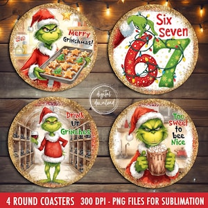 Peut inclure: Quatre dessous de verre ronds avec une bordure dorée scintillante. Chaque dessous de verre présente un personnage du Grinch avec un chapeau de Père Noël et des phrases différentes.