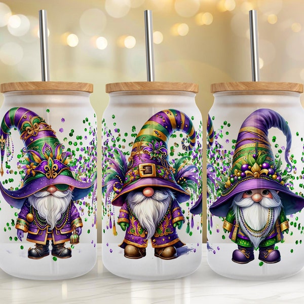 Mardi Gras Gnome Glass Can Wrap, 16oz Sublimation Desig, Glitter Mardi Gras Seamless Libbey Glass Can Glitter Tumbler Wrap Design #GLC