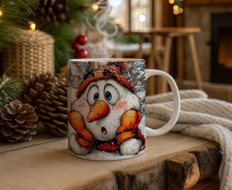 K&ouml;nnte beinhalten: Wei&szlig;er Keramikbecher mit einem Cartoon-Schneemann-Design. Der Schneemann hat eine Karottennase, einen roten Hut und einen Schal. Der Becher hat einen Winterhintergrund und einen wei&szlig;en Griff.