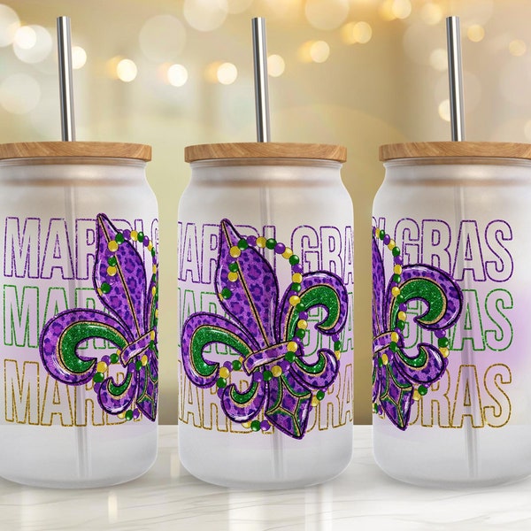 Mardi Gras Glass Fleur De Lis Glass Can Wrap, 16oz Sublimation Desig, Mardi Gras Seamless Libbey Glass Can Glitter Tumbler Wrap Design #GLC