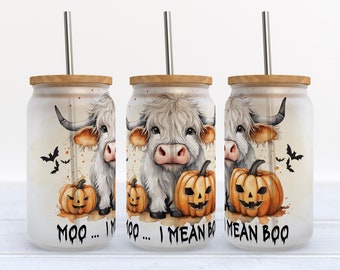 Halloween Glass Can Wrap - Halloween Cow , I mean Boo - 16oz glass can png design for sublimation, Digital Download Png #GLC