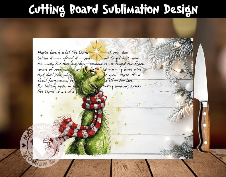 Grinch Cutting Board Sublimation PNG, Mean Guy Christmas Kitchen Decor, Chopping Board Design