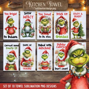 Puede incluir: Juego de 10 diseños de toallas de cocina con el Grinch en varias escenas navideñas. Cada toalla tiene una frase única como "Too Bright to Behave" y "Holiday Calories Don't Count". Las toallas están diseñadas para sublimación.