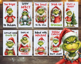 Grinch Christmas Kitchen Towel Sublimation Designs Bundle Green Gnome Tea Towel Png