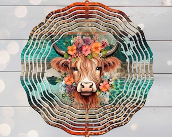 Highland Cow Wind Spinner Sublimation Design, Flower Cow Wind Spinner PNG, 11in Wind Spinner Png, Digital Download  #WSP