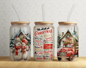 Christmas Rules 16oz Glass Can Sublimation Design, Cute Funny Christmas Glass Can Wrap PNG  #GLC