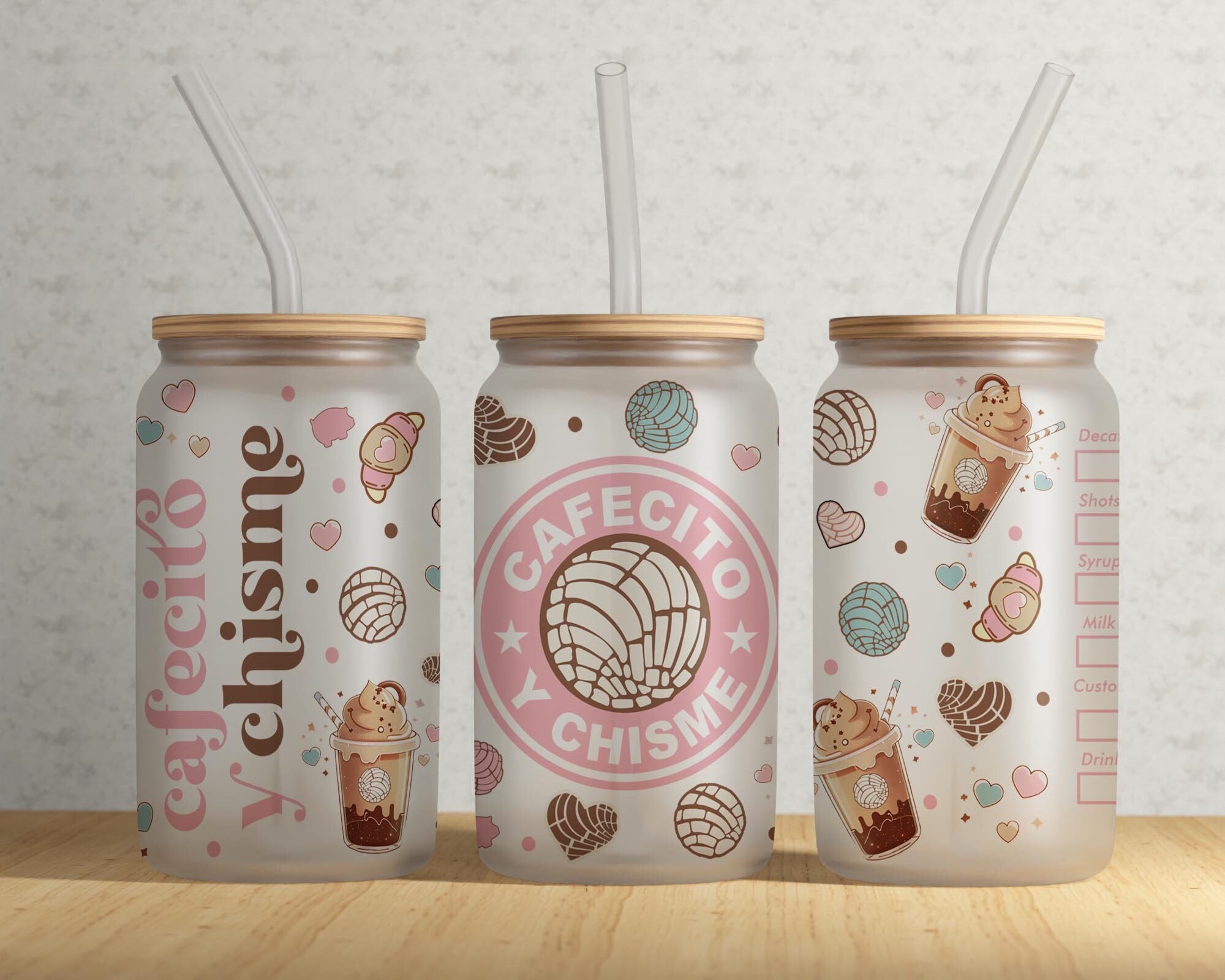 Cafecito Y Chisme 16oz Frosted Glass Png, Mexican Concha Libby Glass Can Wrap, Sublimation Design png, Digital Download #GLC