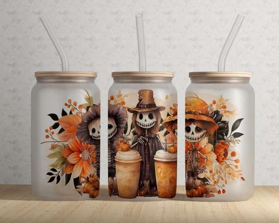 Halloween Glass Can Wrap - Halloween Coffe and Skeletons - 16oz glass can png design for sublimation, Digital Download Png #GLC