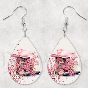 Pink Western Boots Teardrop Earring Sublimation Design (digital
