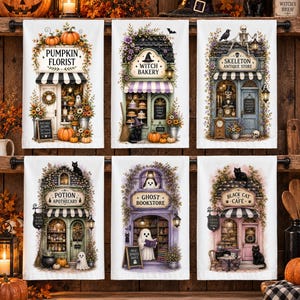 May include: Six white kitchen towels featuring colorful illustrations of whimsical shops: Pumpkin Florist, Witch Bakery, Skeleton Antique Store, Potion Apothecary, Ghost Bookstore, and Black Cat Café, each decorated with seasonal autumn and Halloween motifs.