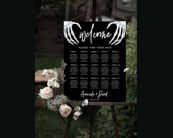 Gothic Wedding Seating Chart Template, Editable Halloween Seating Plan Sign, Skeleton Hands Sign, Halloween Poster, Editable, DIY