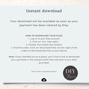 Op de afbeelding: Een wit papier met de tekst "Direct downloaden" en instructies over het downloaden van bestanden van Etsy. Het DIY Paperie-logo staat rechtsonder. Een potlood en paperclips staan links.