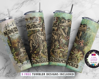 Dinosaur 20 oz Skinny Tumbler, Sublimation Design Template, Straight and Warped Design, PNG tumblers, (plus 9 FREE Designs Included!) #STD