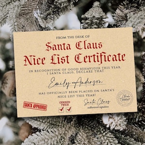MODIFICABILE Lettera di certificato di elenco ufficiale di Babbo Natale dalla scrivania di Babbo Natale al Polo Nord Scatola della vigilia di Natale Download istantaneo