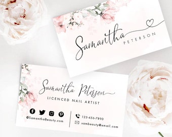 Editable Business Card, Feminine Business Card Template, Floral Watercolor Business Card, DIY Business Card, Template, Instant Download