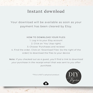 May include: A light blue background with white text explaining how to download digital files purchased on Etsy. The text includes instructions on how to download files from an Etsy account and how to find a download link in a receipt email. The text also states that the product is not a physical product. The text is followed by a black and white logo that says "DIY Pyerie".