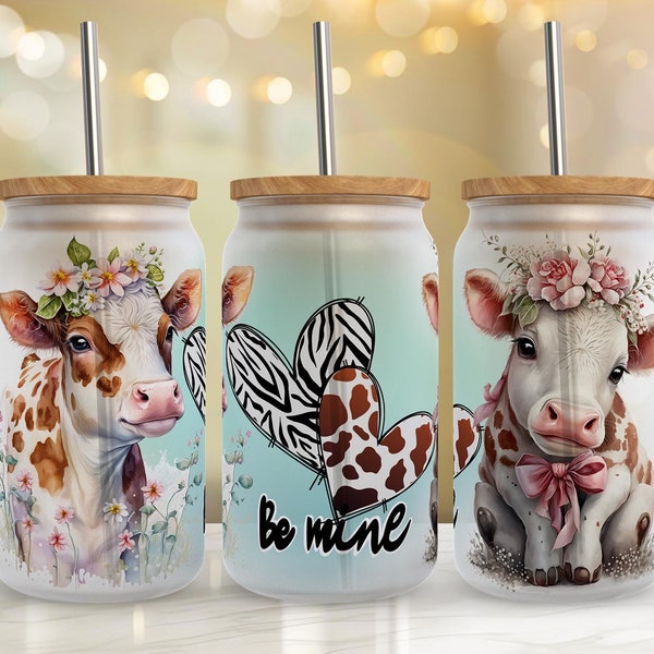 Valentine Cow Libbey Glass Can, 16oz Sublimation Design Png, Be Mine Beer Can Glass for Valentine's Day, Highland Calf Digital Download #GLC