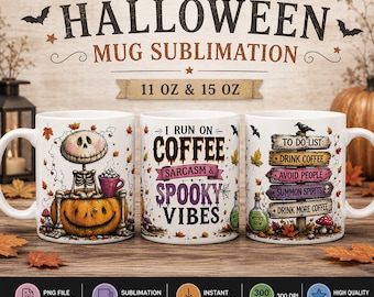 Halloween Mug Sublimation PNG, Spooky Coffee Mug Wrap, Funny Skeleton Pumpkin Design, 11oz 15oz Mug Sublimation, Instant Download