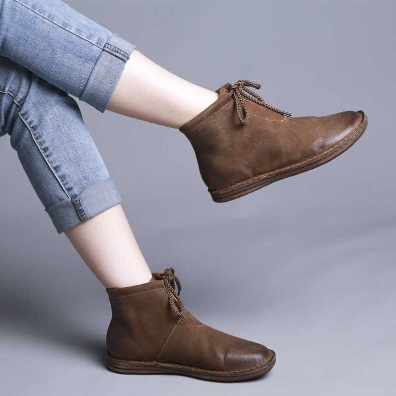 Handstitched leather women's boots Ankle boots Flat Etsy