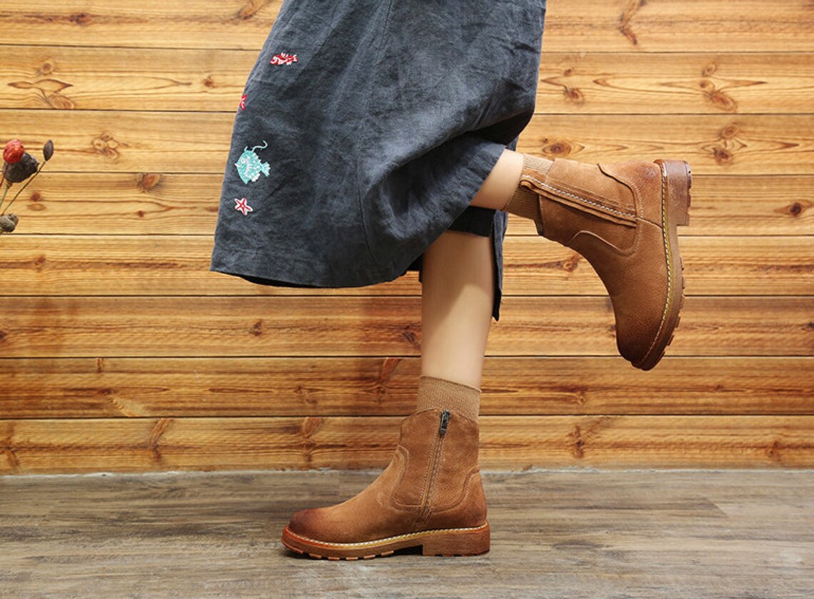 Handstitched leather women's boots Ankle boots Flat Etsy