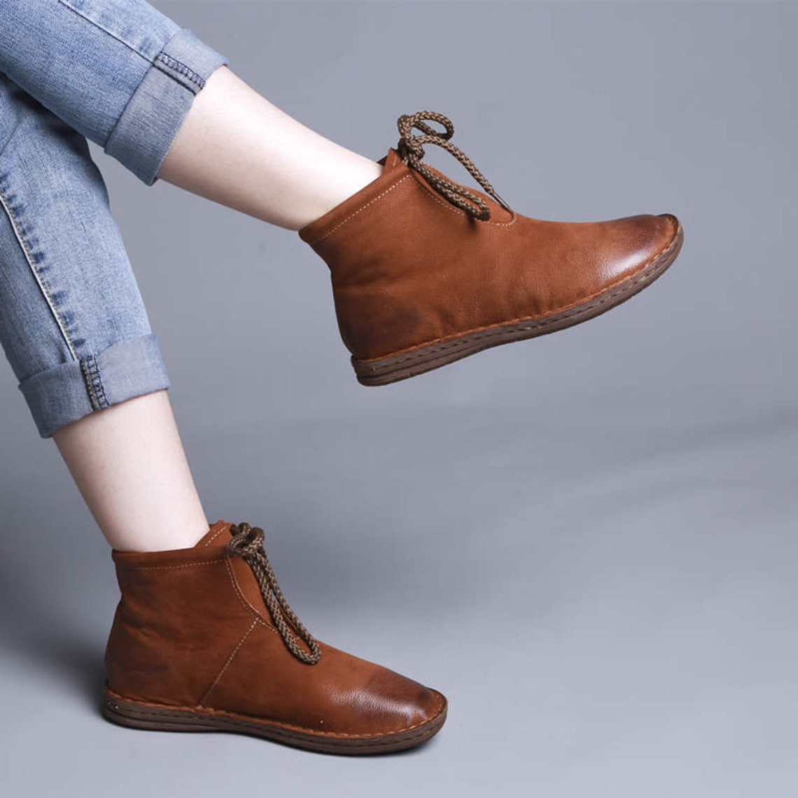 Handstitched leather women's boots Ankle boots Flat Etsy