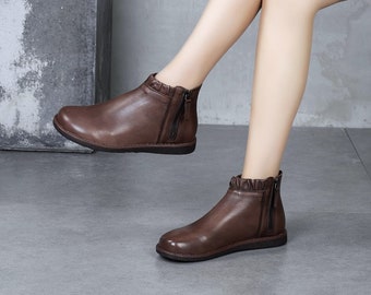 Women Retro Leopard Print Ankle Boots Ladies Flat Comfy Soft Soled Shoes Size