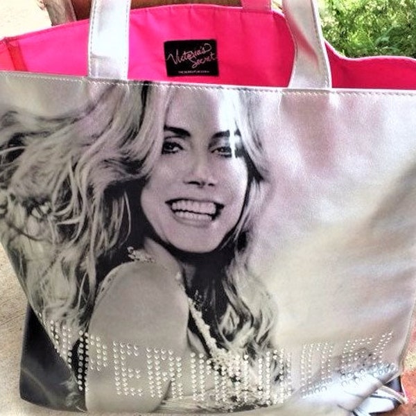 Heidi Klum Victoria's Secret Tote, Silver Metallic, Large, Hot Pink Interior - not the make up bag, this is larger!