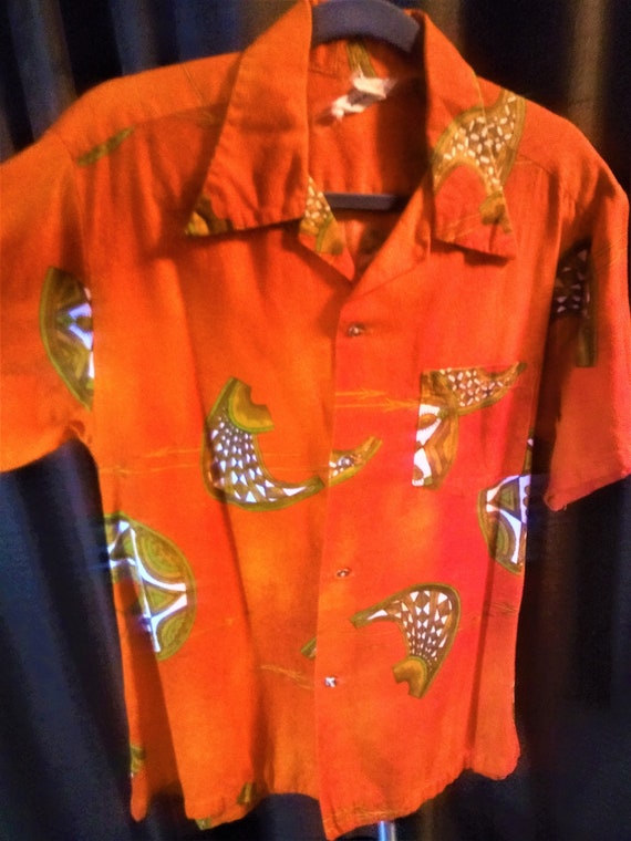 Orange Tiki Shirt, Made in Hawaii Very Good Condi… - image 1