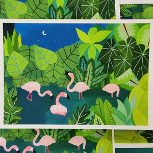 Impresión de bellas artes A4 &quot;La Nuit en rose&quot; Flamencos rosas bajo las estrellas
