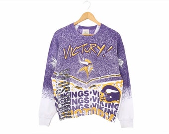 Rare!! Vintage 90s Minnesota Vikings Victory Team NFL Rugby Spellout Pullover Jumper Sweatshirt Allover Fullprint