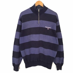 Rare!! Vintage Polo Sport Ralph Lauren Spellout Embroidery Pullover Jumper sweatshirt Half Zip Stripe Distressed