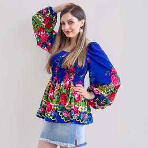 Danuta Smocked Blue Slavic Top