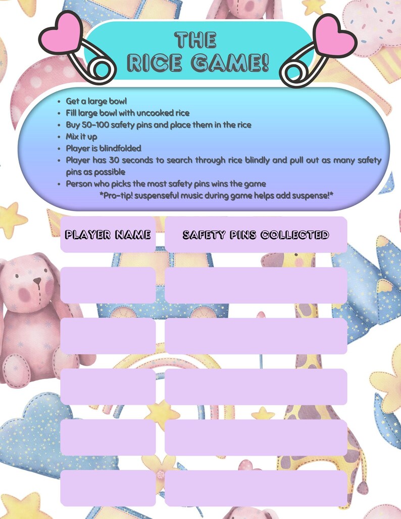 The Rice Gane Baby Shower Game - the Rice Game! Print and Play - Etsy